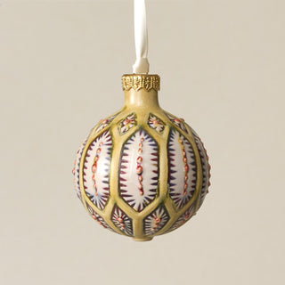 Intricately carved and glazed ceramic globe ornament with ivory satin ribbon – Ornament No. 293