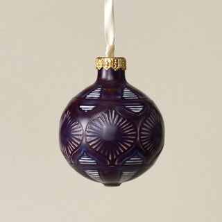 Intricately carved and glazed ceramic globe ornament with ivory satin ribbon – Ornament No. 294