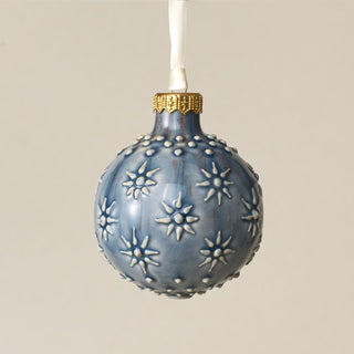 Intricately carved and glazed ceramic globe ornament with ivory satin ribbon – Ornament No. 295