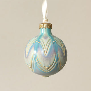 Intricately carved and glazed ceramic globe ornament with ivory satin ribbon – Ornament No. 296