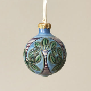 Intricately carved and glazed ceramic globe ornament with ivory satin ribbon – Ornament No. 297