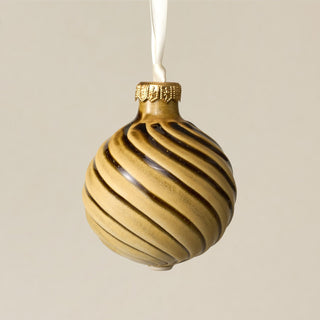 Intricately carved and glazed ceramic globe ornament with ivory satin ribbon – Ornament No. 299