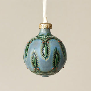 Intricately carved and glazed ceramic globe ornament with ivory satin ribbon – Ornament No. 301