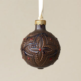 Intricately carved and glazed ceramic globe ornament with ivory satin ribbon – Ornament No. 302