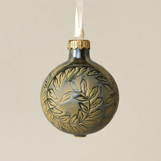 Intricately carved and glazed ceramic globe ornament with ivory satin ribbon – Ornament No. 304