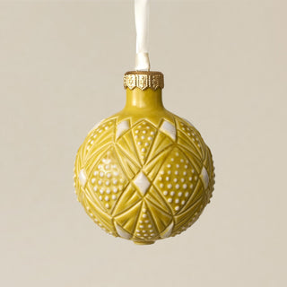 Intricately carved and glazed ceramic globe ornament with ivory satin ribbon – Ornament No. 306