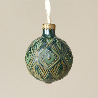 Intricately carved and glazed ceramic globe ornament with ivory satin ribbon – Ornament No. 307