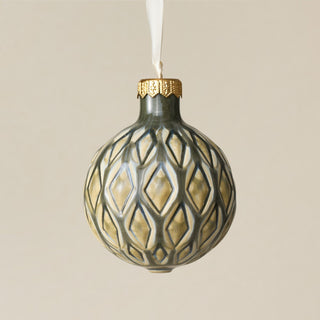 Intricately carved and glazed ceramic globe ornament with ivory satin ribbon – Ornament No. 308