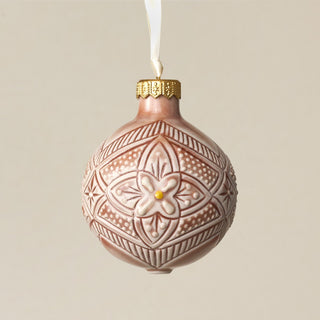 Intricately carved and glazed ceramic globe ornament with ivory satin ribbon – Ornament No. 310