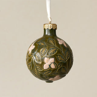 Intricately carved and glazed ceramic globe ornament with ivory satin ribbon – Ornament No. 312