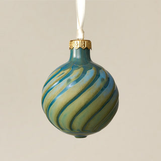 Intricately carved and glazed ceramic globe ornament with ivory satin ribbon – Ornament No. 313
