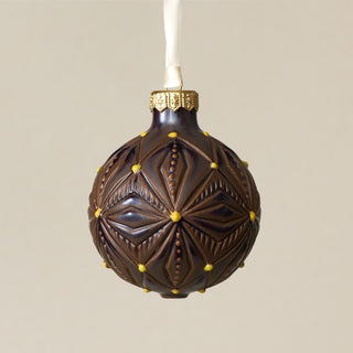 Intricately carved and glazed ceramic globe ornament with ivory satin ribbon – Ornament No. 317