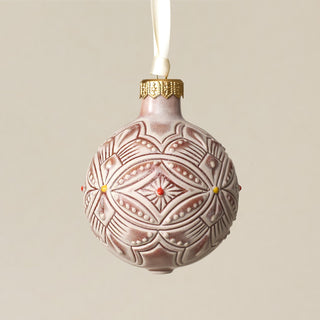 Intricately carved and glazed ceramic globe ornament with ivory satin ribbon – Ornament No. 319