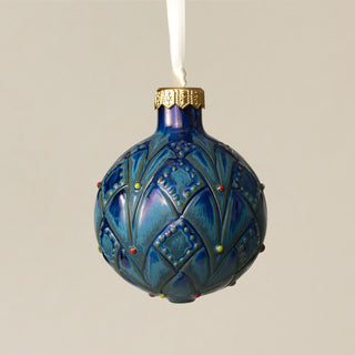 Intricately carved and glazed ceramic globe ornament with ivory satin ribbon – Ornament No. 320
