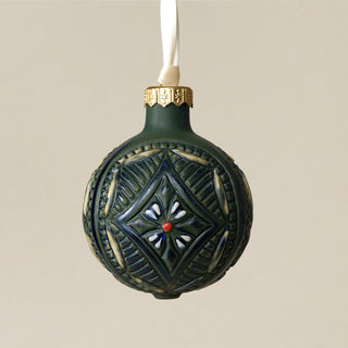 Intricately carved and glazed ceramic globe ornament with ivory satin ribbon – Ornament No. 321
