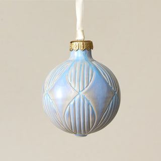 Intricately carved and glazed ceramic globe ornament with ivory satin ribbon – Ornament No. 326