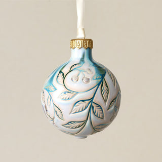 Intricately carved and glazed ceramic globe ornament with ivory satin ribbon – Ornament No. 327