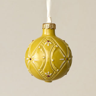 Intricately carved and glazed ceramic globe ornament with ivory satin ribbon – Ornament No. 328