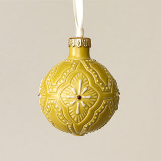 Intricately carved and glazed ceramic globe ornament with ivory satin ribbon – Ornament No. 330