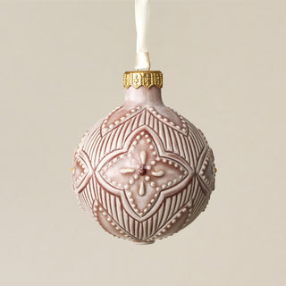 Intricately carved and glazed ceramic globe ornament with ivory satin ribbon – Ornament No. 331