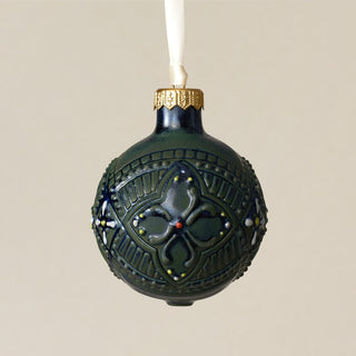 Intricately carved and glazed ceramic globe ornament with ivory satin ribbon – Ornament No. 333