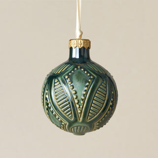 Intricately carved and glazed ceramic globe ornament with ivory satin ribbon – Ornament No. 334