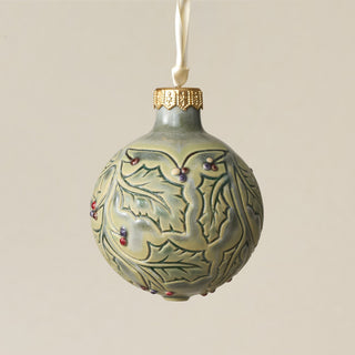 Intricately carved and glazed ceramic globe ornament with ivory satin ribbon – Ornament No. 337