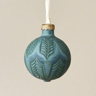 Intricately carved and glazed ceramic globe ornament with ivory satin ribbon – Ornament No. 338