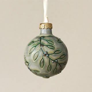 Intricately carved and glazed ceramic globe ornament with ivory satin ribbon – Ornament No. 339