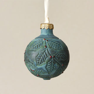 Intricately carved and glazed ceramic globe ornament with ivory satin ribbon – Ornament No. 340