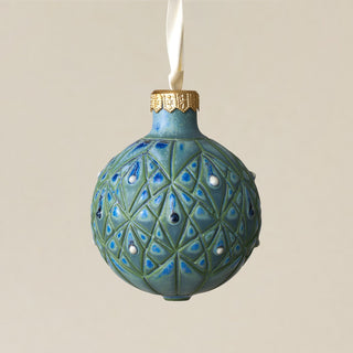 Intricately carved and glazed ceramic globe ornament with ivory satin ribbon – Ornament No. 341