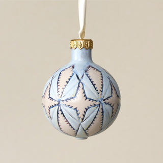 Intricately carved and glazed ceramic globe ornament with ivory satin ribbon – Ornament No. 342