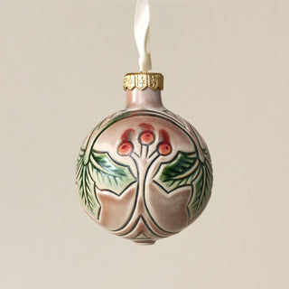 Intricately carved and glazed ceramic globe ornament with ivory satin ribbon – Ornament No. 350
