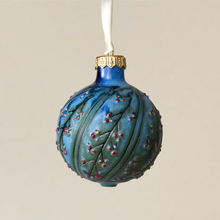 Intricately carved and glazed ceramic globe ornament with ivory satin ribbon – Ornament No. 351