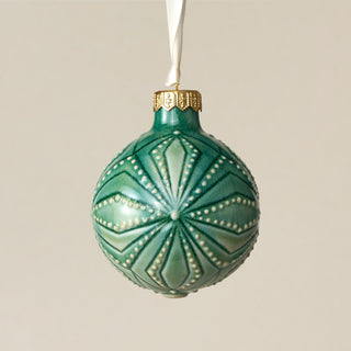 Intricately carved and glazed ceramic globe ornament with ivory satin ribbon – Ornament No. 352
