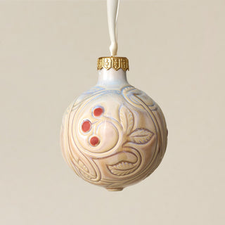 Intricately carved and glazed ceramic globe ornament with ivory satin ribbon – Ornament No. 353