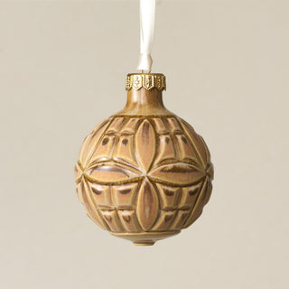 Intricately carved and glazed ceramic globe ornament with ivory satin ribbon – Ornament No. 355