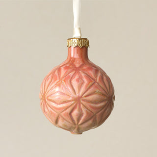 Intricately carved and glazed ceramic globe ornament with ivory satin ribbon – Ornament No. 356