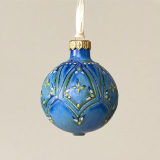 Intricately carved and glazed ceramic globe ornament with ivory satin ribbon – Ornament No. 358