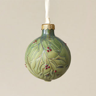 Intricately carved and glazed ceramic globe ornament with ivory satin ribbon – Ornament No. 359