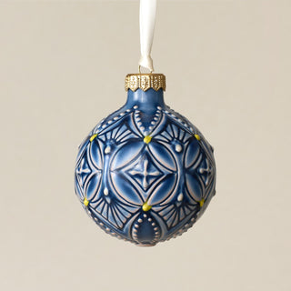 Intricately carved and glazed ceramic globe ornament with ivory satin ribbon – Ornament No. 360