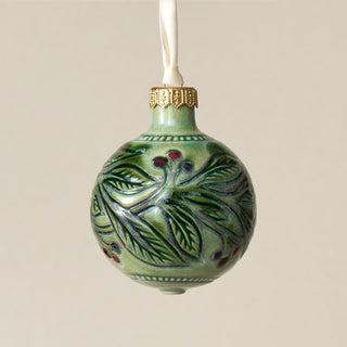 Intricately carved and glazed ceramic globe ornament with ivory satin ribbon – Ornament No. 363