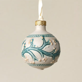 Intricately carved and glazed ceramic globe ornament with ivory satin ribbon – Ornament No. 365