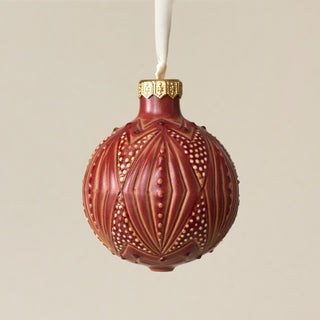 Intricately carved and glazed ceramic globe ornament with ivory satin ribbon – Ornament No. 366