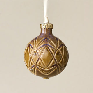 Intricately carved and glazed ceramic globe ornament with ivory satin ribbon – Ornament No. 367