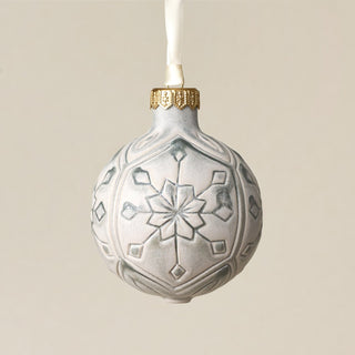 Intricately carved and glazed ceramic globe ornament with ivory satin ribbon – Ornament No. 368