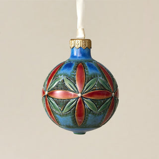 Intricately carved and glazed ceramic globe ornament with ivory satin ribbon – Ornament No. 369