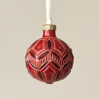 Intricately carved and glazed ceramic globe ornament with ivory satin ribbon – Ornament No. 371