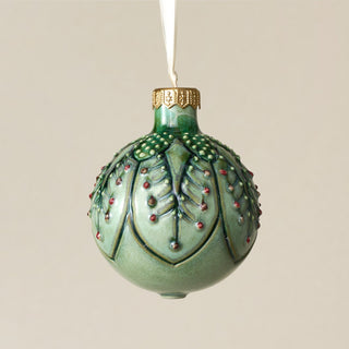 Intricately carved and glazed ceramic globe ornament with ivory satin ribbon – Ornament No. 372