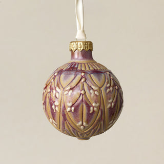 Intricately carved and glazed ceramic globe ornament with ivory satin ribbon – Ornament No. 374